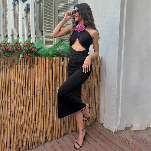 Sexy Flower Open Back Hanging Neck Strap Wrap Hip Dress