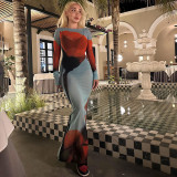 Printed Round Neck Sexy Mesh Perspective Split Dress