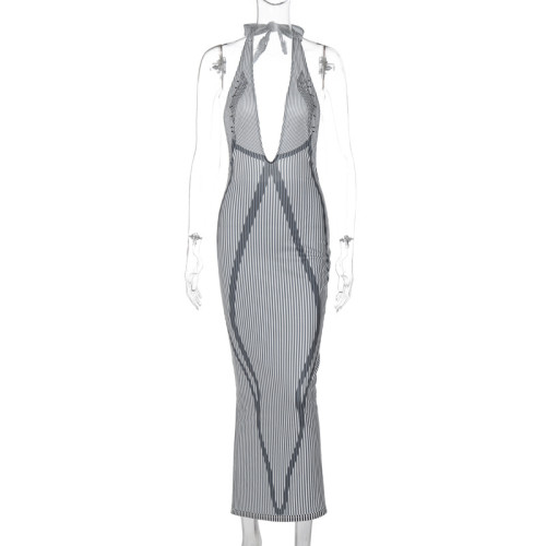 Sexy V-Neck Lace Up Slim Fitting Printed Open Back Dress