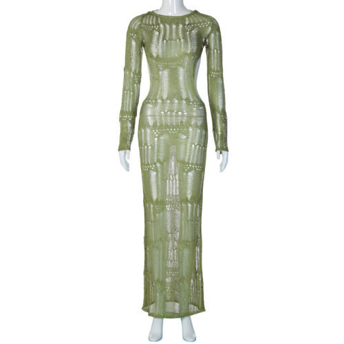 Sexy Backless Hollow Perspective Long-Sleeved Slim Temperament Long Wool Knit Dress For Women