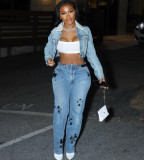 Zipper embroidered straight wash jeans