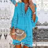 Long Sleeved Embroidered Hollowed Out Dress