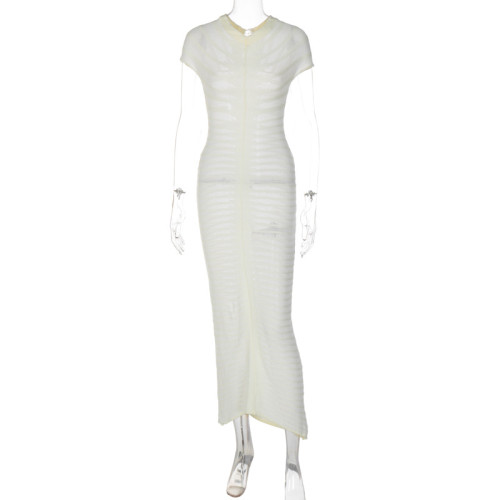 Sexy Sheer Long Cardigan Short Sleeve Button Slim Dress