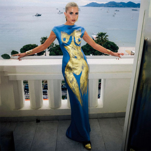 Body Printed Short Sleeved Slim Round Neck Slit Long Dress