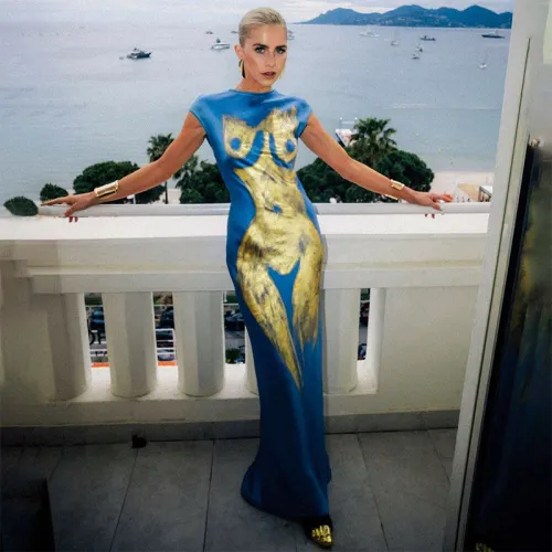 Body Printed Short Sleeved Slim Round Neck Slit Long Dress