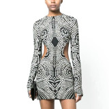 Polka Dot Printed Long Sleeved Round Neck Waist Hollowed Out Dress