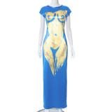 Body Printed Short Sleeved Slim Round Neck Slit Long Dress