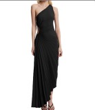 Single Shoulder Pleated Hollow Out Dress(Satin)