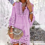 Long Sleeved Embroidered Hollowed Out Dress