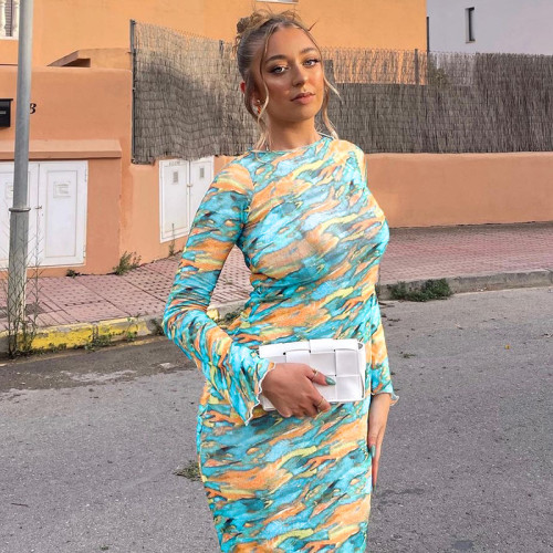 Fashion Printed Slim Round Neck Long Sleeve Dress