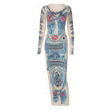 Long Sleeve Round Neck Printed Maxi Dress Fashion Slim Dress
