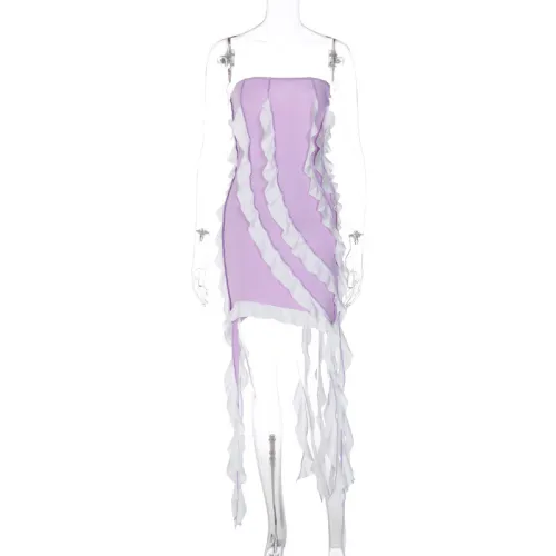 Contrast Color Splicing Sexy Streamer Ruffles Wrapped Bust High Waist Dress