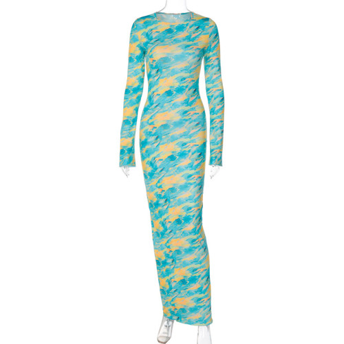 Fashion Printed Slim Round Neck Long Sleeve Dress