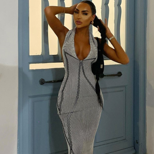 Sexy V-Neck Lace Up Slim Fitting Printed Open Back Dress