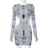 Polka Dot Printed Long Sleeved Round Neck Waist Hollowed Out Dress