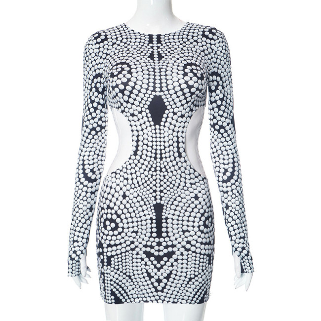 Polka Dot Printed Long Sleeved Round Neck Waist Hollowed Out Dress