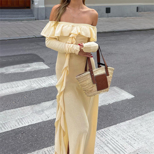 Fashion One Word Neck Temperament Slim Height Slit Legs Show Long Dress Women