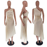 Single Shoulder Pleated Hollow Out Dress(Satin)