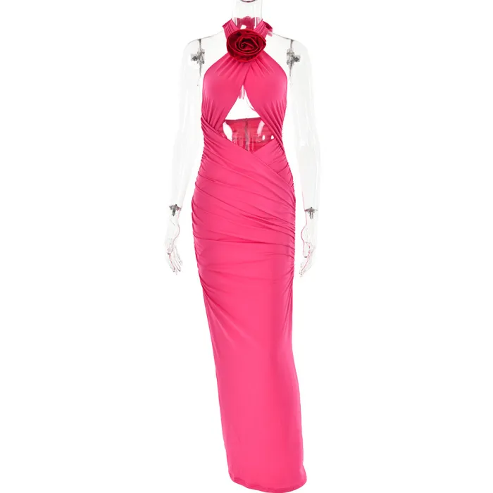 Sexy Flower Open Back Hanging Neck Strap Wrap Hip Dress
