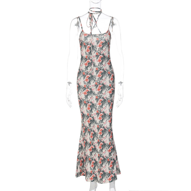 Printed Sexy Slim Fit Fragmented Flower Strap Open Back Dress