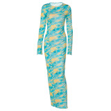 Fashion Printed Slim Round Neck Long Sleeve Dress