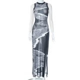 Mesh Printed Sleeveless Round Neck Slim Fitting Slit Long Dress
