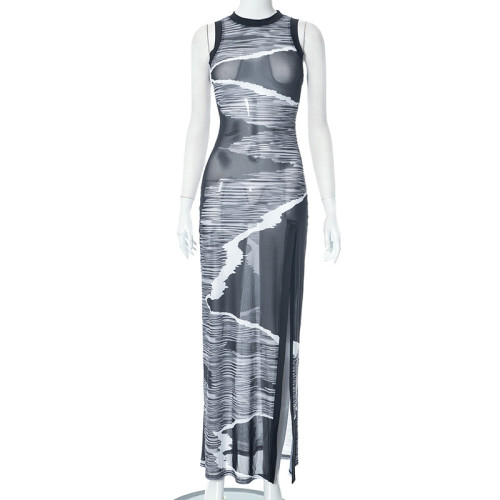 Mesh Printed Sleeveless Round Neck Slim Fitting Slit Long Dress