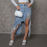 Fashionable frayed fringed denim skirt