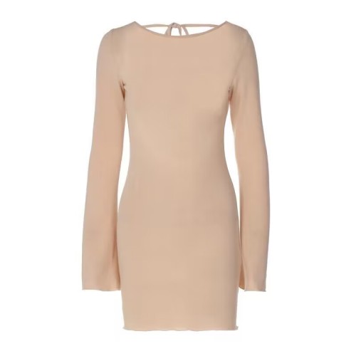 Solid Color Ribbed Long Sleeves Sexy Backless Slim Dress Woman