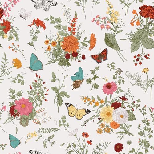 17.7''x118'' Butterflies Marigolds Floral Peel and Stick Vintage Herbs Floral Wallpaper