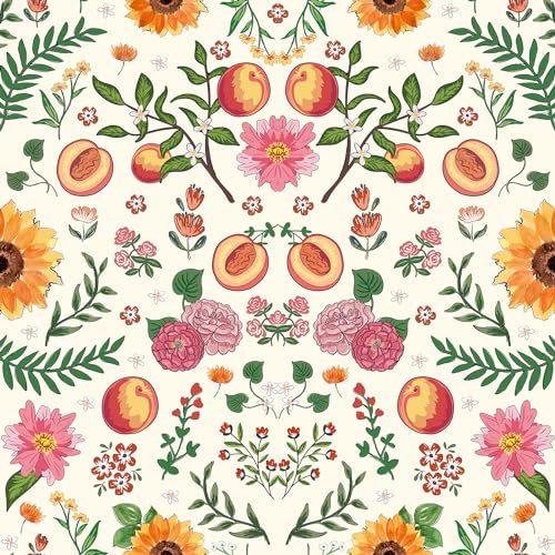 Floral Fruit Wallpaper Peel and Stick Flower Papers Waterpoof Peach Plant Wall Paper for Living Room Bedroom Kicthen Decoration(118inchx17.7inch)