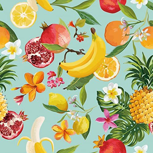 Fresh Fruit Peel and Stick Wallpaper 17.7”x236” Vinyl Self Adhesive Removable Floral Wallpaper Decorative Floral Leaf Light Blue Contact Paper Waterproof Fruit Wall Paper for Bedroom Bathroom