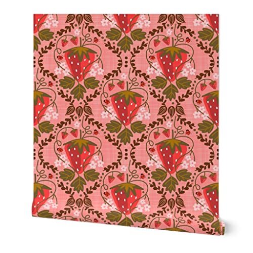 Spoonflower Peel & Stick Wallpaper 3ft x 2ft - Strawberry Damask Mustard Pink Floral Happy Sweet Custom Removable Wallpaper