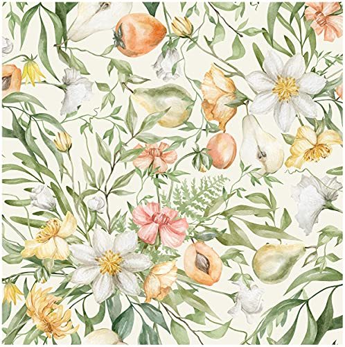 🎁Pears-Watercolor Yellow White Flower and Peach Pear Peel and Stick Wallpaper Self-Adhesive Prepasted Wallpaper Wall Mural