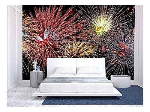 Colorful Panoramic View of Fireworks Over Night Sky - Removable Wall Mural | Self-Adhesive Large Wallpaper - 66x96 inches