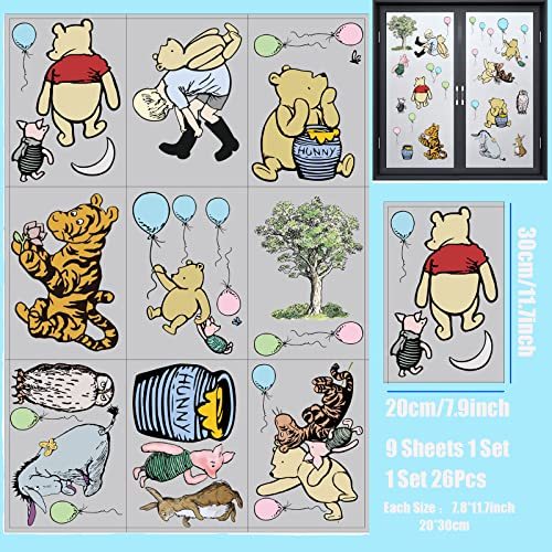 Cartoon Window Clings Decals,Party Removable Stickers for Glass Windows,Birthday Party Supplies Holiday Home Decorations (Classic Winnie)