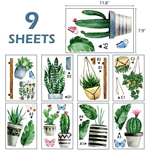 Mfault Potted Plant Window Clings 9 Sheets, Cactus Succulent Wall Glass Stickers Decal Hanging Bonsai Decor, Tropical Botanical Palm Leaves Home Kitchen Decorations