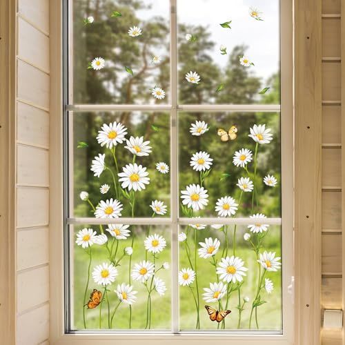 123Pcs Spring Summer Daisy Window Clings Butterfly Floral Window Stickers Double-Side Glass Decals for Home Office School Party Shop Display Decorations