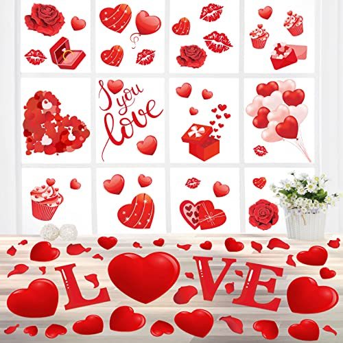 Valentine's Day Heart Floor Stickers Assorted Red Heart Window Clings Rose Flower Love Sweet Desgin PVC Floor Decals Sticker for Valentine Wedding Anniversary Home Decor