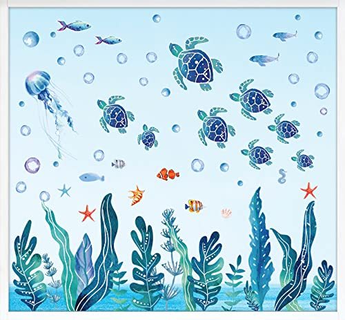 Summer Window Clings Ocean Themed Sea Turtle Window Sticker Decals Watercolor Marine Animals Double-Sided Window Decals for Summer School Home Decorations Under The Sea Party Supplies
