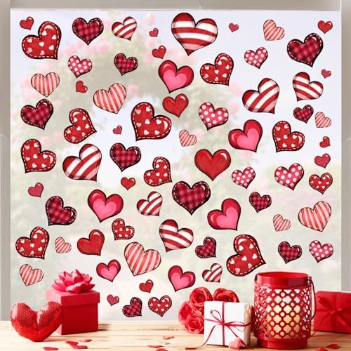 Mfault 133 PCS Valentine's Day Window Clings 9 Sheets, Red Pink Love Hearts Plaid Stripes Polka Dots Valentine Wall Sticker Decal Decoration, Anniversary Wedding Holiday Living Room Home Kitchen Decor