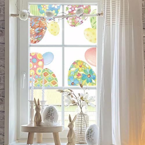 Spring Easter Window Clings, Double Sided Window Film Reusable Static Cling Window Sticker, Non-Adhesive Holiday Window Clings Stickers for Glass Decals, Easter Eggs in Geometric Pattern