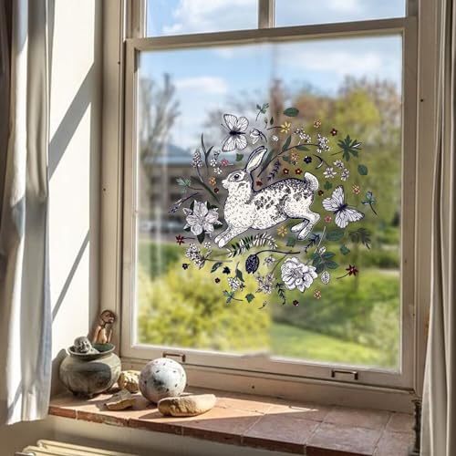Double-Sided Window Clings, Easter Window Stickers, Reusable Static Cling Window Films, Non-Adhesive Holiday Decal Decor for Glass Decals, Vintage Rabbit and Butterfly