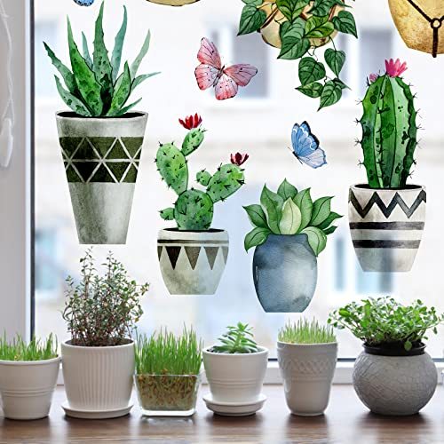 Mfault Potted Plant Window Clings 9 Sheets, Cactus Succulent Wall Glass Stickers Decal Hanging Bonsai Decor, Tropical Botanical Palm Leaves Home Kitchen Decorations