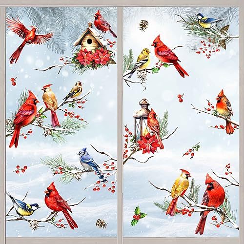AnyDesign Winter Cardinals Window Clings 9 Sheets, Christmas Red Birds Glass Stickers Poinsettia Pine Cone Window Decals Xmas Kerosene Lamp Branches Decorative Double-Side Stickers, 7.9 x 11.8 Inch