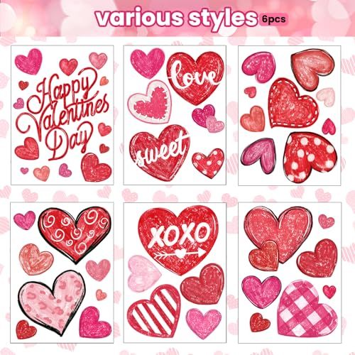 6 Sheets Valentines Window Cling Double-Sided Pink Red Love Heart Window Stickers Happy Valentines Window Decals for Home Wedding Anniversary Party Store Glass Holiday Decoration