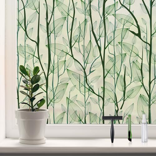 Window Film Privacy with Installation Tools, Decorative Stained Glass Window Clings for Home, Static Cling Window Sticker for Front Door, Bathroom, Glass Door (Dark Green, 17.7'' x 78.7'')
