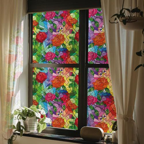 Window Privacy Film with Installation Tools, Static Cling Rose Window Sticker Bathroom Glass Window Decals Non Adhesive for Home Windows, 17.7 x 78.7