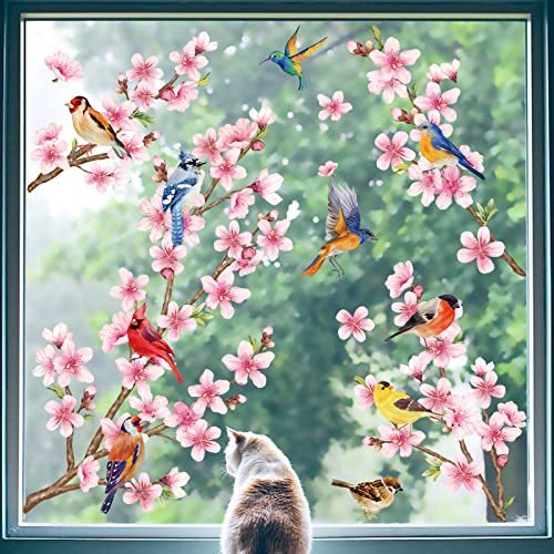 Cherry Blossom Flower Branch Window Clings Birds Floral Window Decals Anti-Collision Glass Window Doors Window Stickers