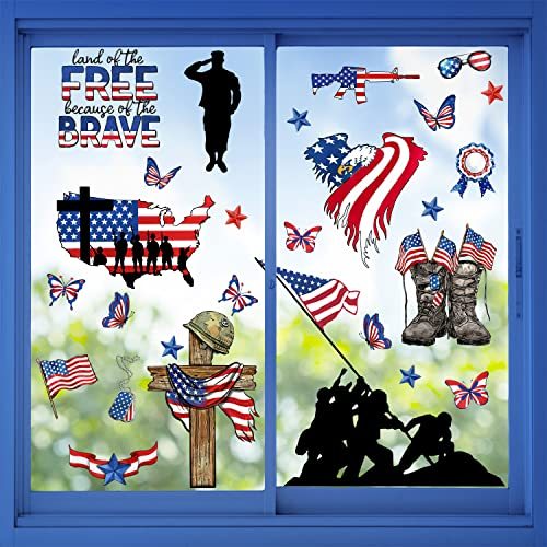 Mfault 9 Sheets 4th of July Land of The Free America Patriotic Window Clings, American Flag Cross Military Soldier Boots Stickers Decals Decorations, USA Memorial Day Veterans Day Home Kitchen Decor